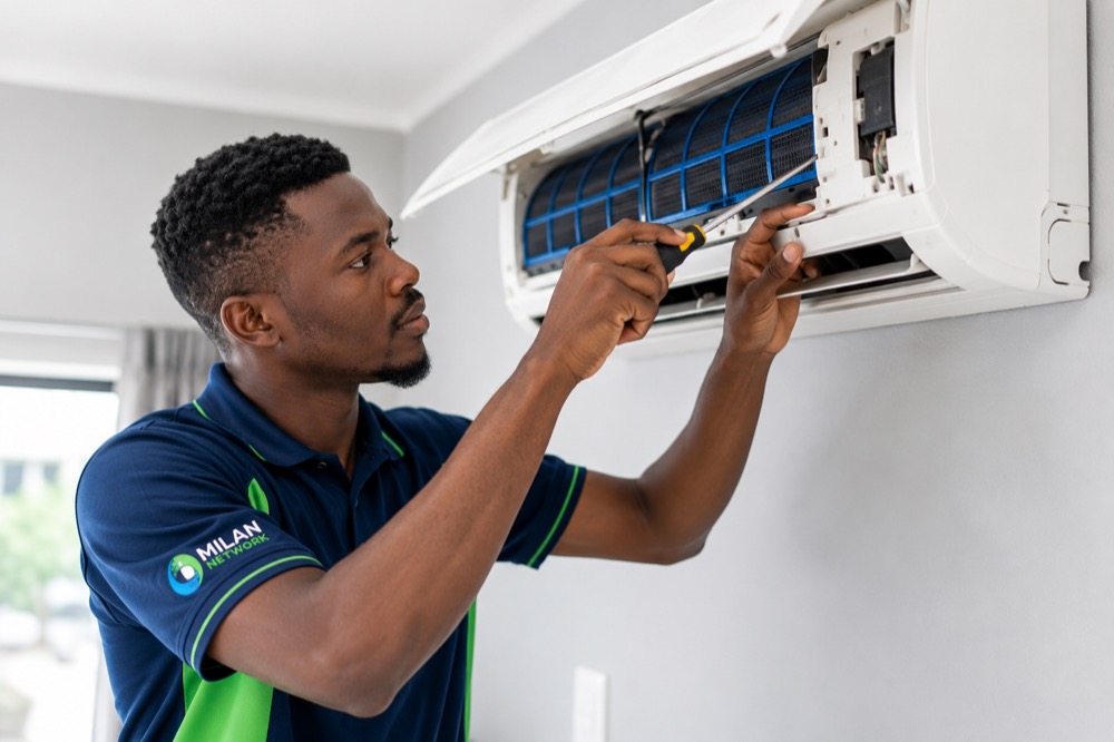 Milan Network technician carrying out an air conditioning repair