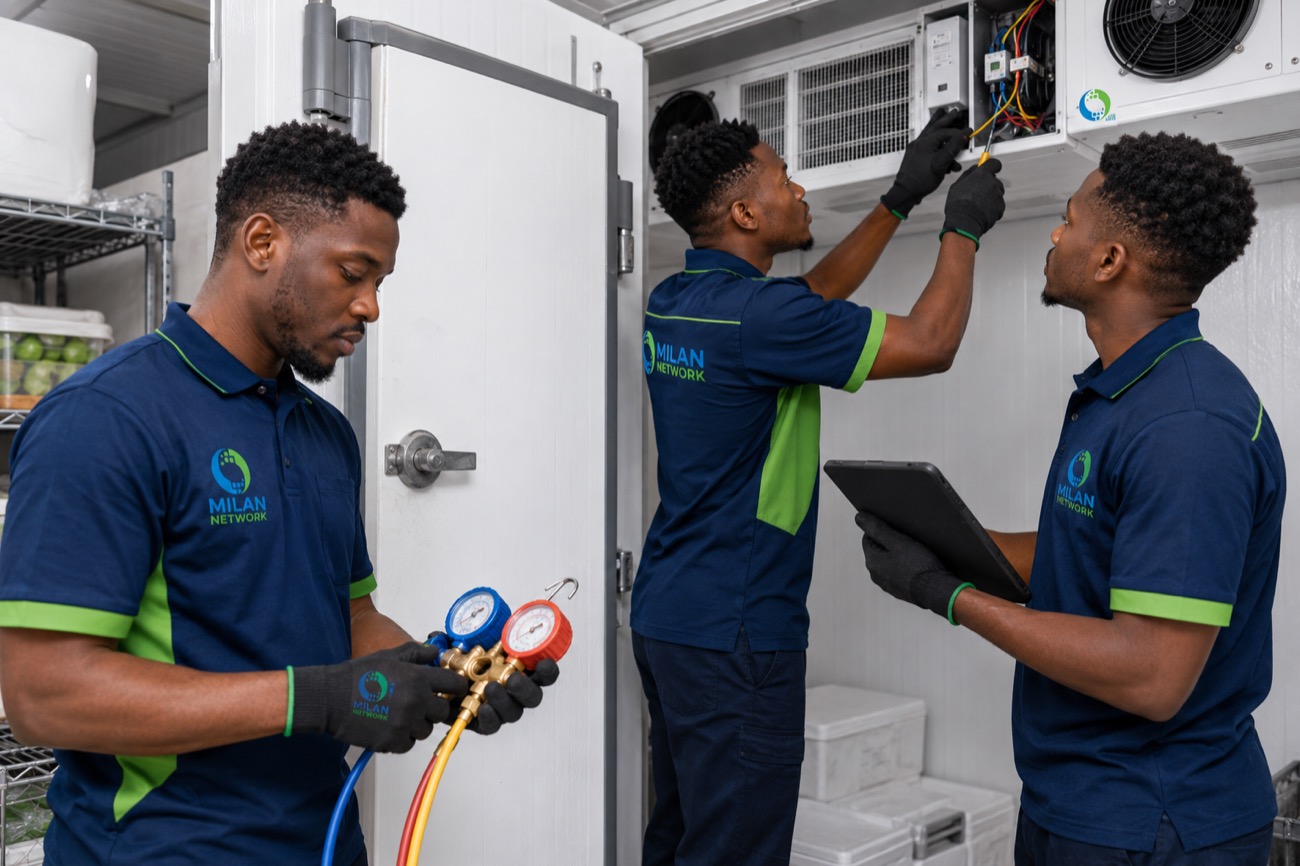 Milan Network technicians servicing a commercial coldroom's refrigeration unit
