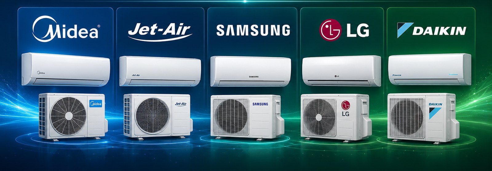 Brand logos: Midea, Jet-Air, Samsung, LG and Daikin